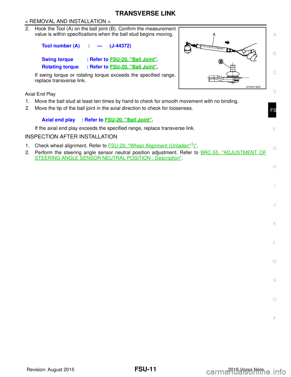 NISSAN NOTE 2016  Service Repair Manual TRANSVERSE LINKFSU-11
< REMOVAL AND INSTALLATION >
C
DF
G H
I
J
K L
M A
B
FSU
N
O P
2. Hook the Tool (A) on the ball joint (B). Confirm the measurement value is within specifications when the ball stu