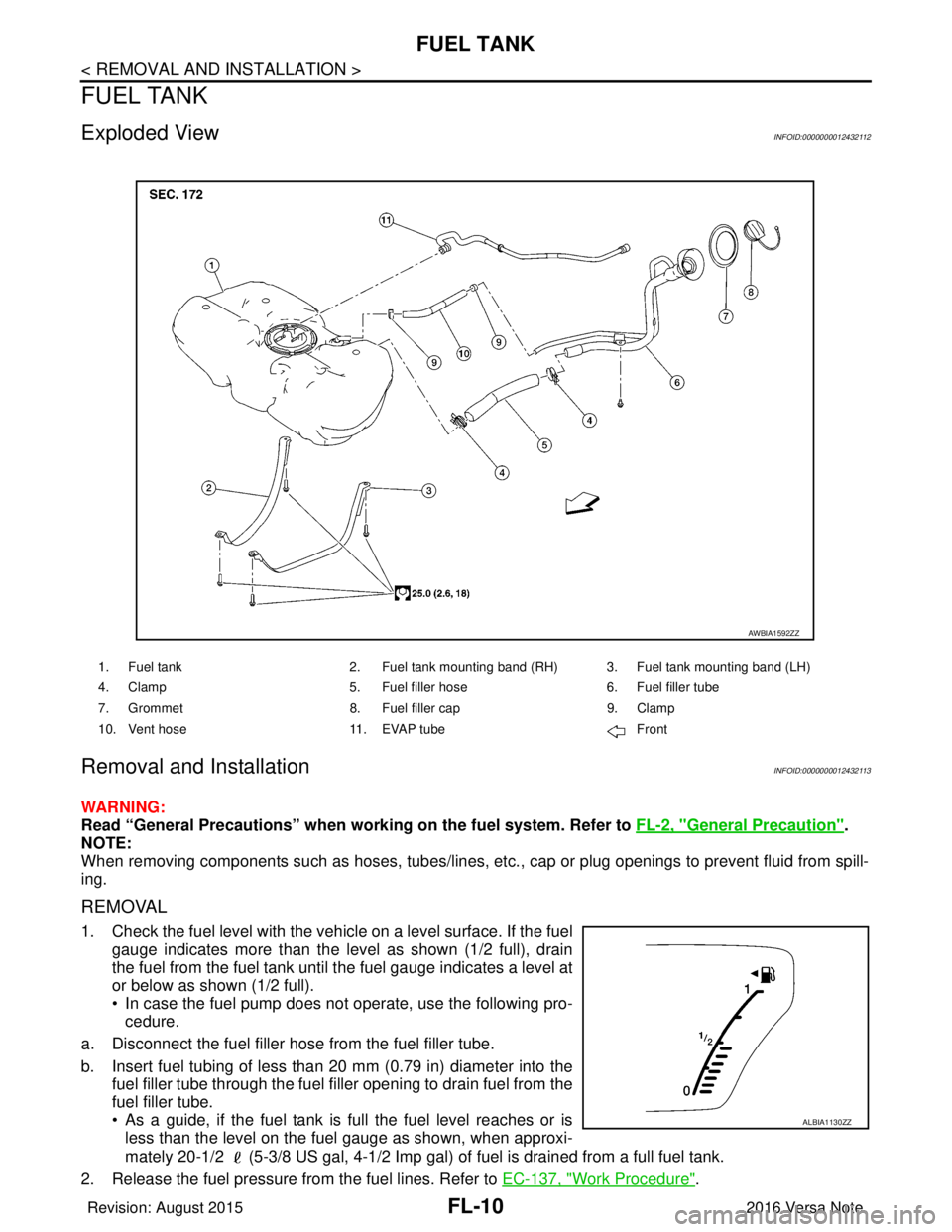 NISSAN NOTE 2016  Service Repair Manual FL-10
< REMOVAL AND INSTALLATION >
FUEL TANK
FUEL TANK
Exploded ViewINFOID:0000000012432112
Removal and InstallationINFOID:0000000012432113
WARNING:
Read “General Precautions” when working on the 