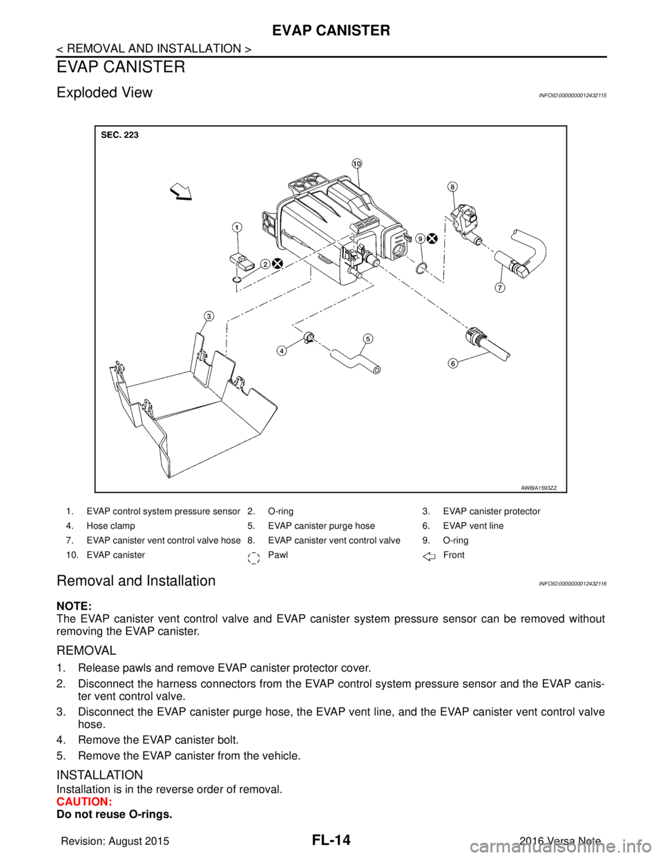 NISSAN NOTE 2016  Service Repair Manual FL-14
< REMOVAL AND INSTALLATION >
EVAP CANISTER
EVAP CANISTER
Exploded ViewINFOID:0000000012432115
Removal and InstallationINFOID:0000000012432116
NOTE:
The EVAP canister vent control valve and EVAP 