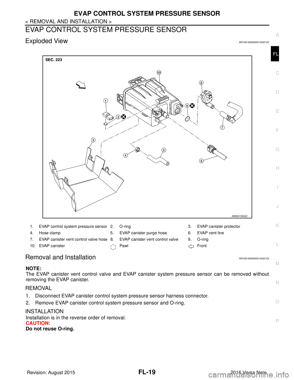 NISSAN NOTE 2016  Service Repair Manual EVAP CONTROL SYSTEM PRESSURE SENSORFL-19
< REMOVAL AND INSTALLATION >
C
DE
F
G H
I
J
K L
M A
FL
NP
O
EVAP CONTROL SYST
EM PRESSURE SENSOR
Exploded ViewINFOID:0000000012432122
Removal and InstallationI
