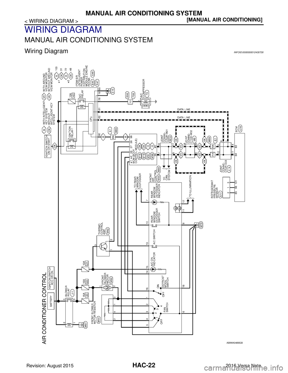 NISSAN NOTE 2016  Service Repair Manual HAC-22
< WIRING DIAGRAM >[MANUAL AIR CONDITIONING]
MANUAL AIR CONDITIONING SYSTEM
WIRING DIAGRAM
MANUAL AIR CONDITIONING SYSTEM
Wiring DiagramINFOID:0000000012430726
ABIWA0489GB
Revision: August 2015
