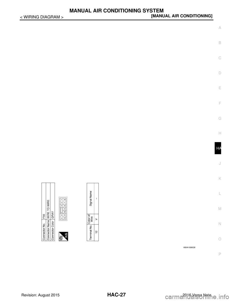 NISSAN NOTE 2016  Service Repair Manual MANUAL AIR CONDITIONING SYSTEMHAC-27
< WIRING DIAGRAM > [MANUAL AIR CONDITIONING]
C
D
E
F
G H
J
K L
M A
B
HAC
N
O P
ABIIA1698GB
Revision: August 2015 2016 Versa Note

cardiagn.com  