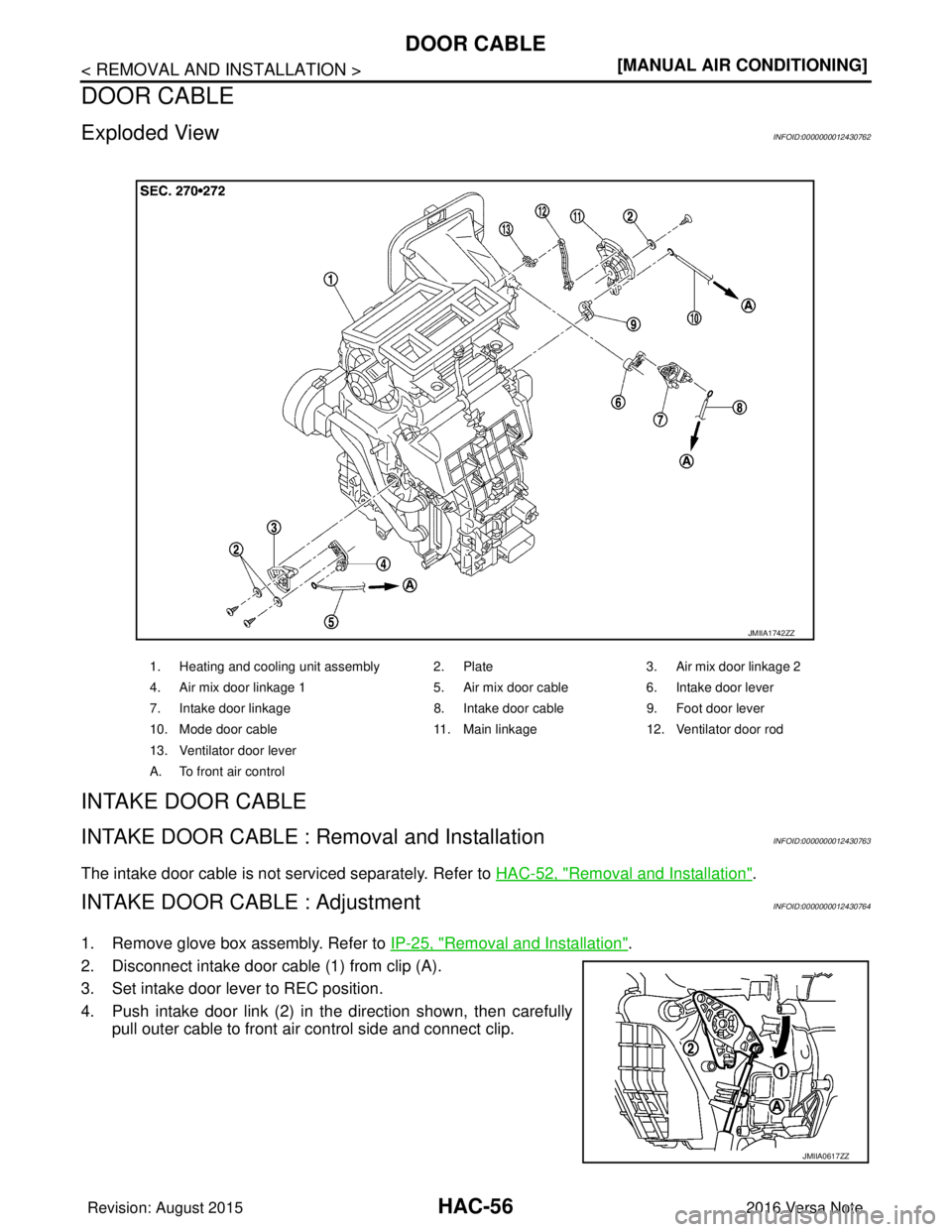 NISSAN NOTE 2016  Service Repair Manual HAC-56
< REMOVAL AND INSTALLATION >[MANUAL AIR CONDITIONING]
DOOR CABLE
DOOR CABLE
Exploded ViewINFOID:0000000012430762
INTAKE DOOR CABLE
INTAKE DOOR CABLE : Removal and InstallationINFOID:00000000124