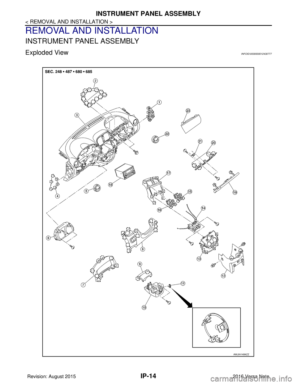 NISSAN NOTE 2016  Service Repair Manual IP-14
< REMOVAL AND INSTALLATION >
INSTRUMENT PANEL ASSEMBLY
REMOVAL AND INSTALLATION
INSTRUMENT PANEL ASSEMBLY
Exploded ViewINFOID:0000000012430777
AWJIA1484ZZ
Revision: August 20152016 Versa Note

c
