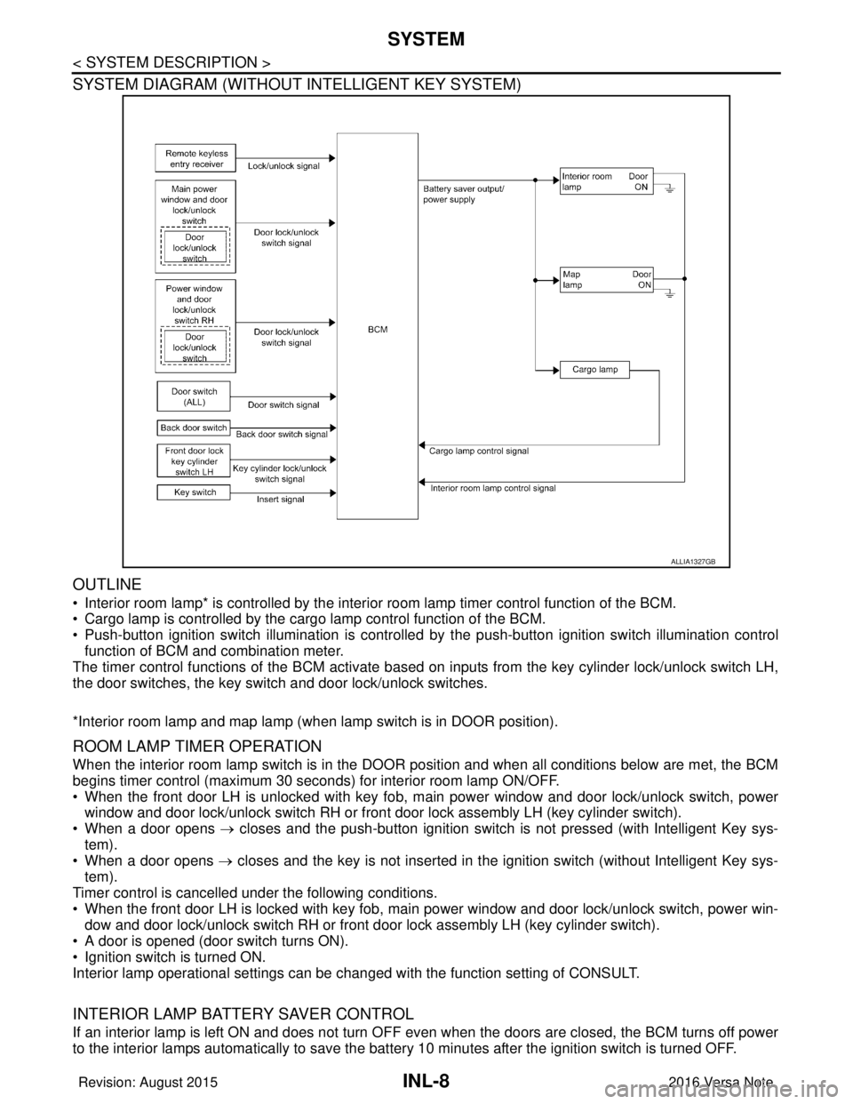 NISSAN NOTE 2016  Service Repair Manual INL-8
< SYSTEM DESCRIPTION >
SYSTEM
SYSTEM DIAGRAM (WITHOUT INTELLIGENT KEY SYSTEM)
OUTLINE
• Interior room lamp* is controlled by the interior room lamp timer control function of the BCM. 
• Carg