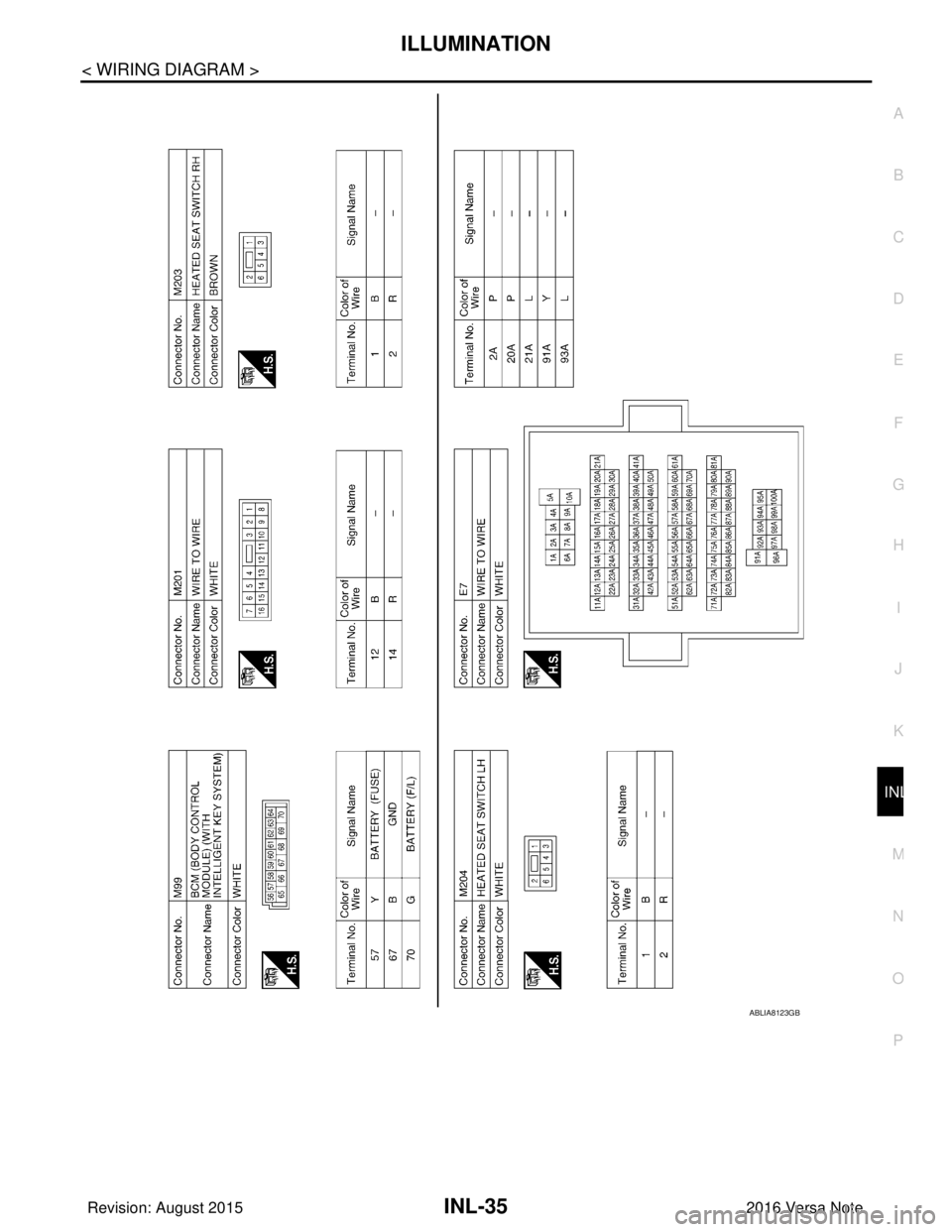 NISSAN NOTE 2016  Service Repair Manual ILLUMINATIONINL-35
< WIRING DIAGRAM >
C
DE
F
G H
I
J
K
M A
B
INL
N
O P
ABLIA8123GB
Revision: August 2015 2016 Versa Note

cardiagn.com  