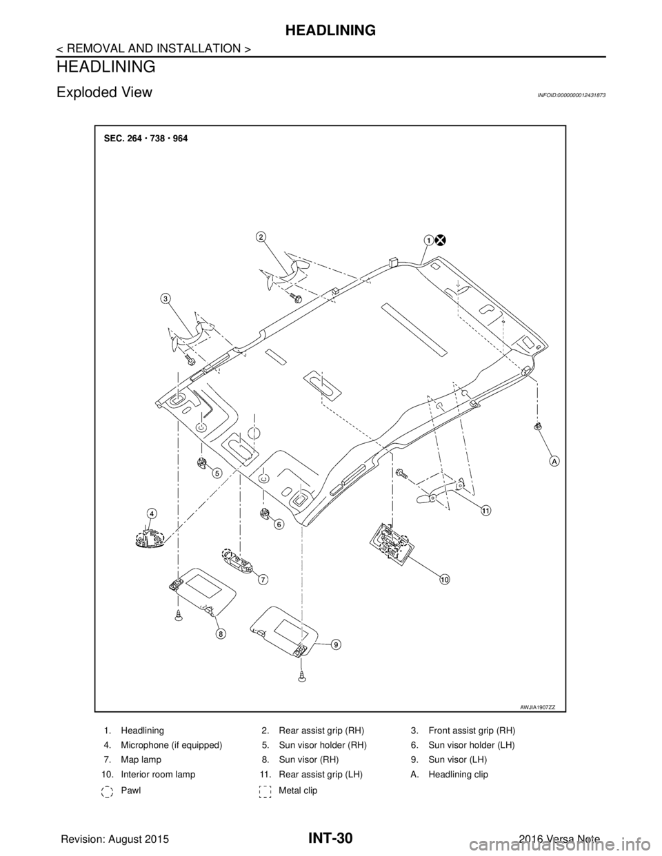 NISSAN NOTE 2016  Service Repair Manual INT-30
< REMOVAL AND INSTALLATION >
HEADLINING
HEADLINING
Exploded ViewINFOID:0000000012431873
1. Headlining2. Rear assist grip (RH)3. Front assist grip (RH)
4. Microphone (if equipped) 5. Sun visor h