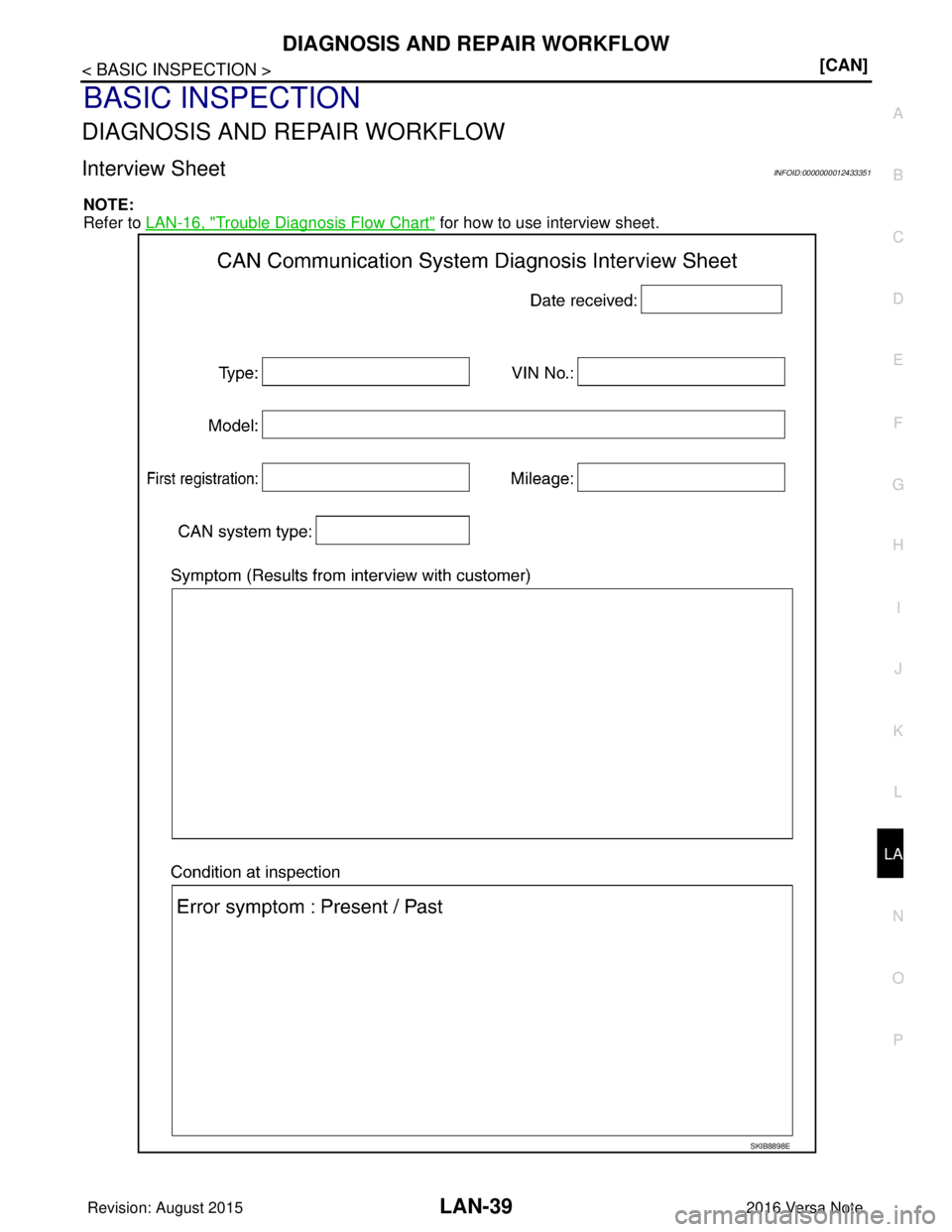 NISSAN NOTE 2016  Service Repair Manual LAN
DIAGNOSIS AND REPAIR WORKFLOWLAN-39
< BASIC INSPECTION > [CAN]
C
D
E
F
G H
I
J
K L
B A
O P
N
BASIC INSPECTION
DIAGNOSIS AND REPAIR WORKFLOW
Interview SheetINFOID:0000000012433351
NOTE:
Refer to 
L
