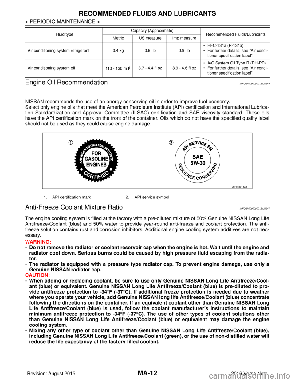 NISSAN NOTE 2016  Service Repair Manual MA-12
< PERIODIC MAINTENANCE >
RECOMMENDED FLUIDS AND LUBRICANTS
Engine Oil Recommendation
INFOID:0000000012432246
NISSAN recommends the use of an energy conservi ng oil in order to improve fuel econo