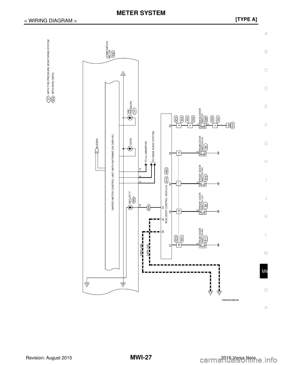 NISSAN NOTE 2016  Service Repair Manual MWI
METER SYSTEMMWI-27
< WIRING DIAGRAM > [TYPE A]
C
D
E
F
G H
I
J
K L
M B A
O P
ABNWA2886GB
Revision: August 2015 2016 Versa Note

cardiagn.com  