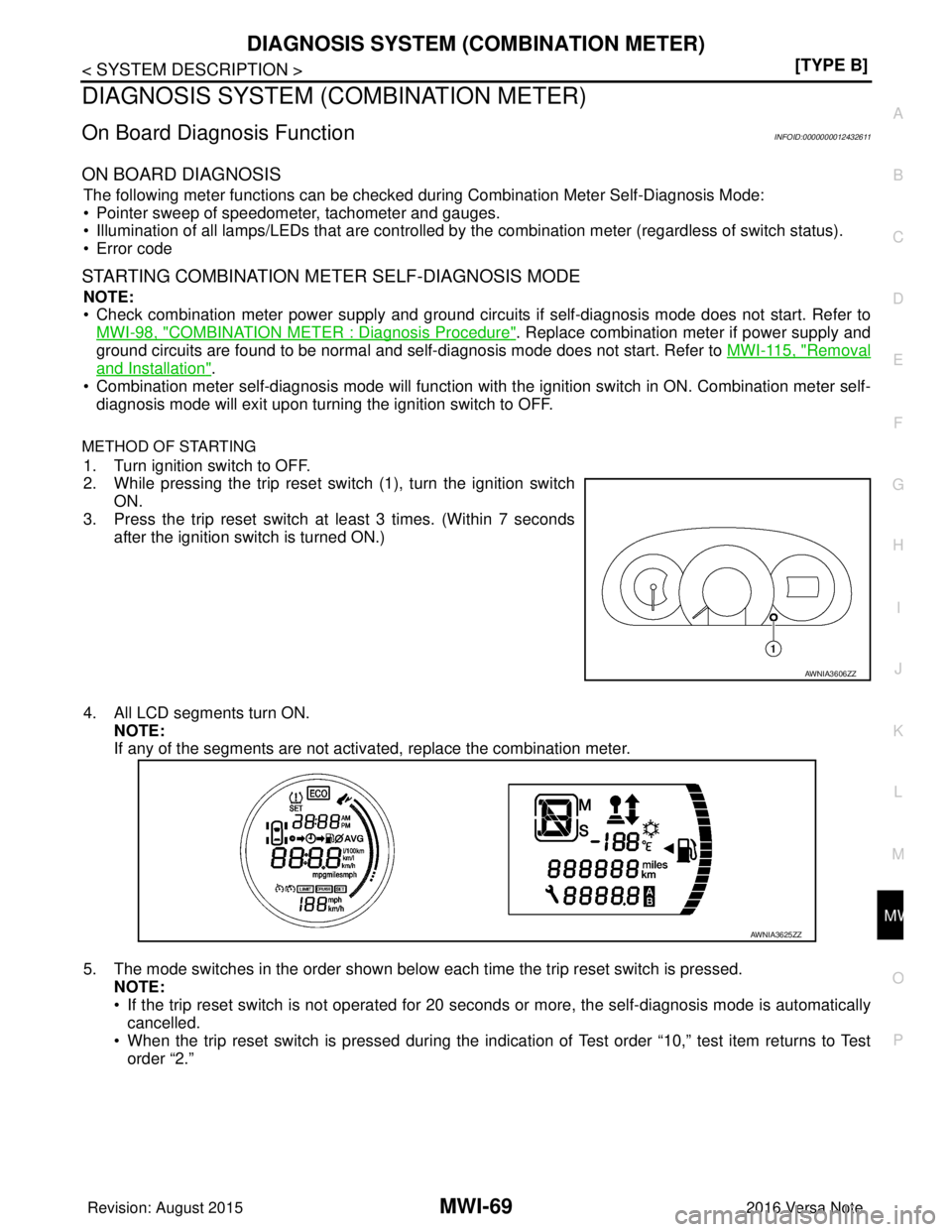 NISSAN NOTE 2016  Service Repair Manual MWI
DIAGNOSIS SYSTEM (COMBINATION METER)MWI-69
< SYSTEM DESCRIPTION > [TYPE B]
C
D
E
F
G H
I
J
K L
M B A
O P
DIAGNOSIS SYSTEM (C OMBINATION METER)
On Board Diagnosis FunctionINFOID:0000000012432611
ON