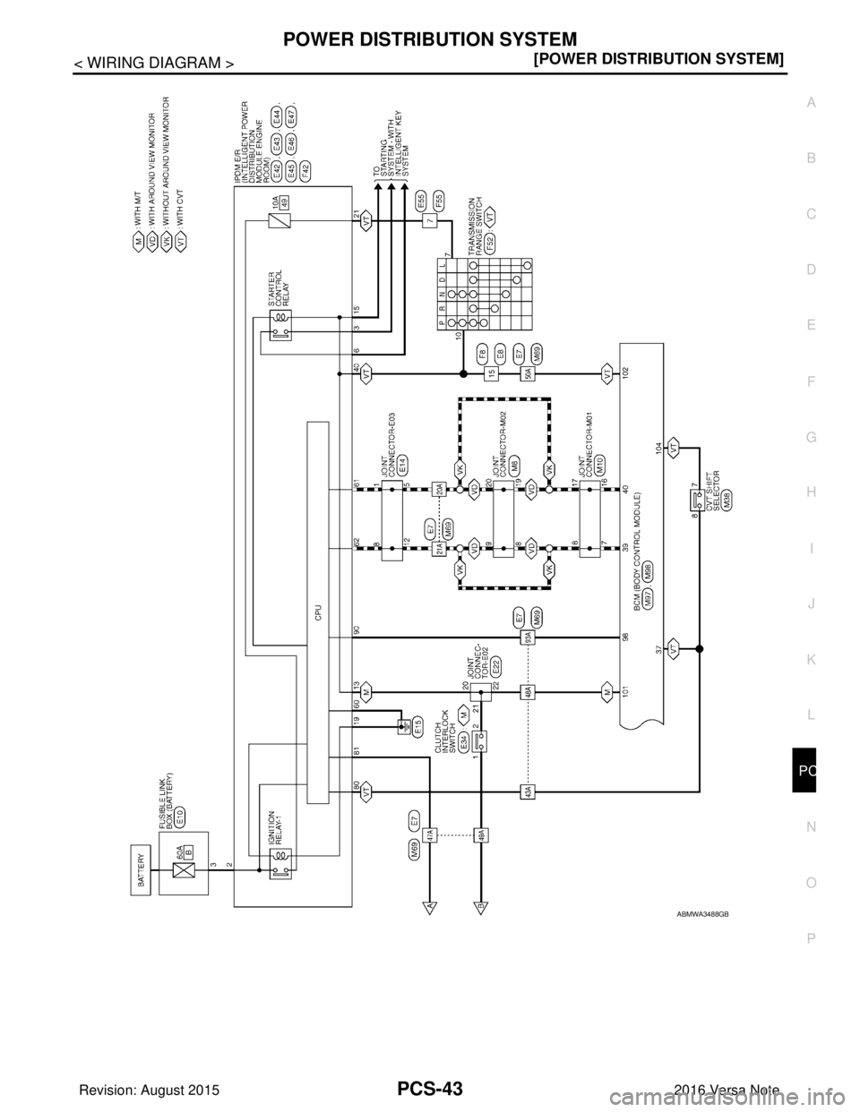 NISSAN NOTE 2016  Service Repair Manual PCS
POWER DISTRIBUTION SYSTEMPCS-43
< WIRING DIAGRAM > [POWER DISTRIBUTION SYSTEM]
C
D
E
F
G H
I
J
K L
B A
O P
N
ABMWA3488GB
Revision: August 2015
2016 Versa Note

cardiagn.com  