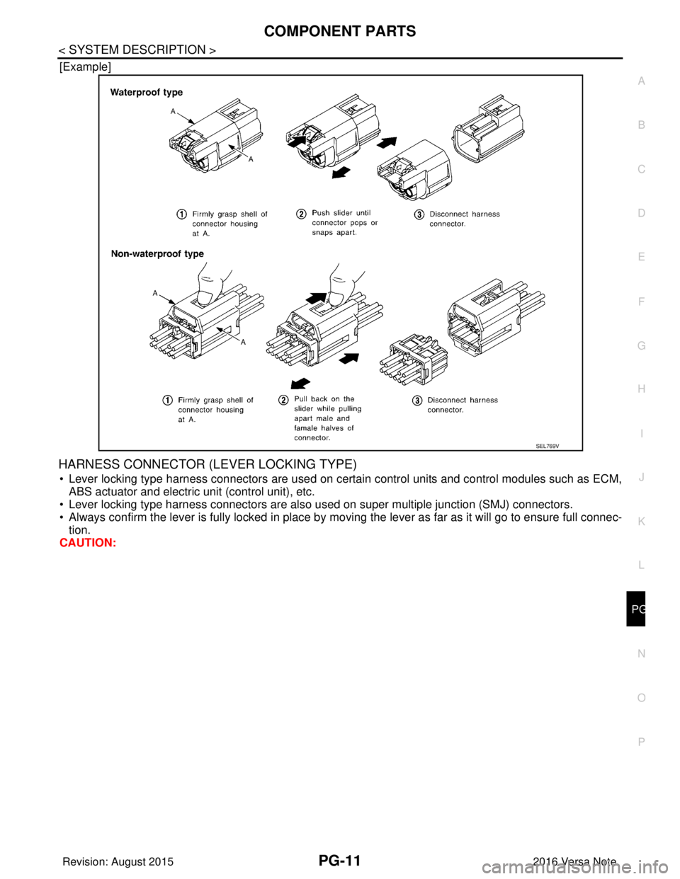 NISSAN NOTE 2016  Service Repair Manual PG
COMPONENT PARTSPG-11
< SYSTEM DESCRIPTION >
C
DE
F
G H
I
J
K L
B A
O P
N
[Example]
HARNESS CONNECTOR (LEVER LOCKING TYPE)
• Lever locking type harness connectors are used on certain control units