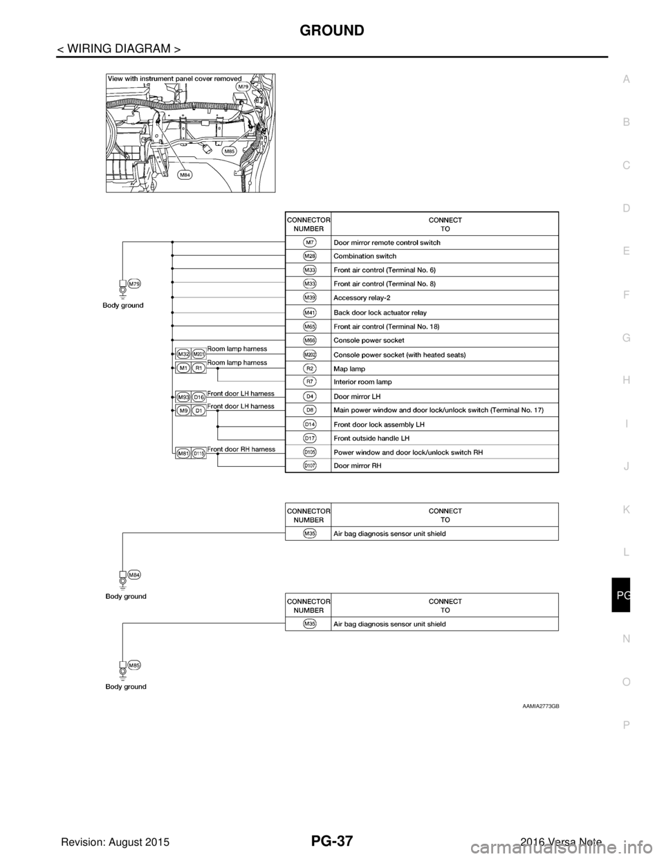 NISSAN NOTE 2016  Service Repair Manual PG
GROUNDPG-37
< WIRING DIAGRAM >
C
DE
F
G H
I
J
K L
B A
O P
N
AAMIA2773GB
Revision: August 2015
2016 Versa Note

cardiagn.com  