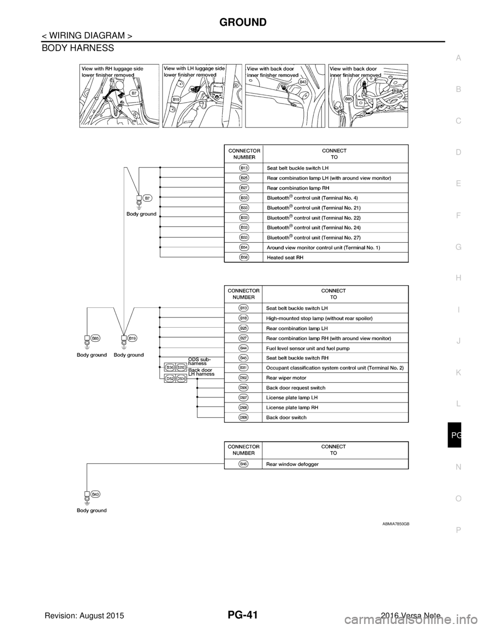 NISSAN NOTE 2016  Service Repair Manual PG
GROUNDPG-41
< WIRING DIAGRAM >
C
DE
F
G H
I
J
K L
B A
O P
N
BODY HARNESS
ABMIA7850GB
Revision: August 2015
2016 Versa Note

cardiagn.com  