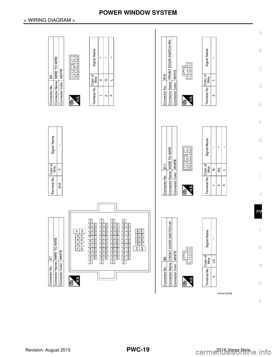 NISSAN NOTE 2016  Service Repair Manual POWER WINDOW SYSTEMPWC-19
< WIRING DIAGRAM >
C
DE
F
G H
I
J
L
M A
B
PWC
N
O P
AAKIA1303GB
Revision: August 2015 2016 Versa Note

cardiagn.com  