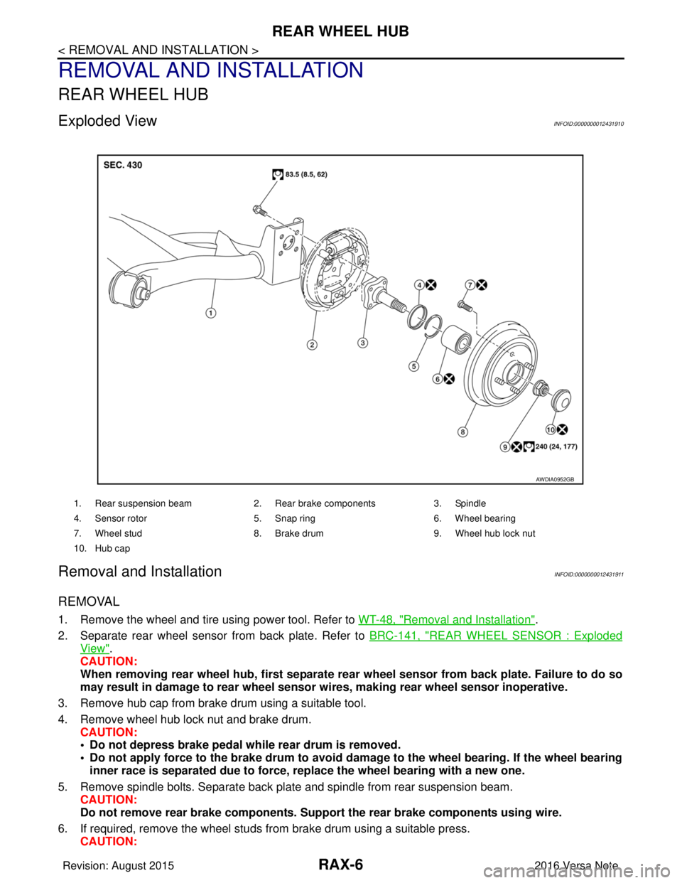 NISSAN NOTE 2016  Service Repair Manual RAX-6
< REMOVAL AND INSTALLATION >
REAR WHEEL HUB
REMOVAL AND INSTALLATION
REAR WHEEL HUB
Exploded ViewINFOID:0000000012431910
Removal and InstallationINFOID:0000000012431911
REMOVAL
1. Remove the whe