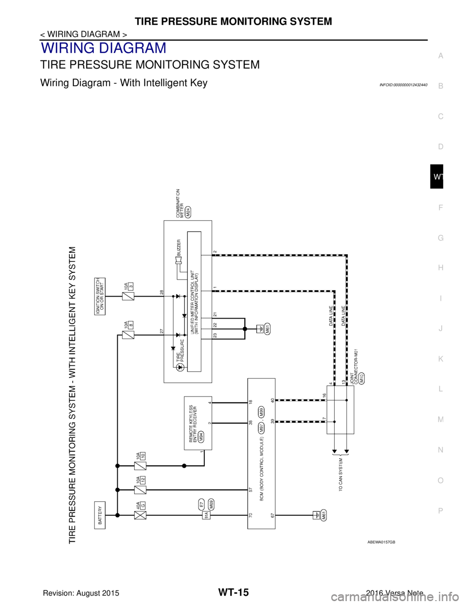 NISSAN NOTE 2016  Service Repair Manual TIRE PRESSURE MONITORING SYSTEMWT-15
< WIRING DIAGRAM >
C
DF
G H
I
J
K L
M A
B
WT
N
O P
WIRING DIAGRAM
TIRE PRESSURE MO NITORING SYSTEM
Wiring Diagram - With Intelligent KeyINFOID:0000000012432440
ABE