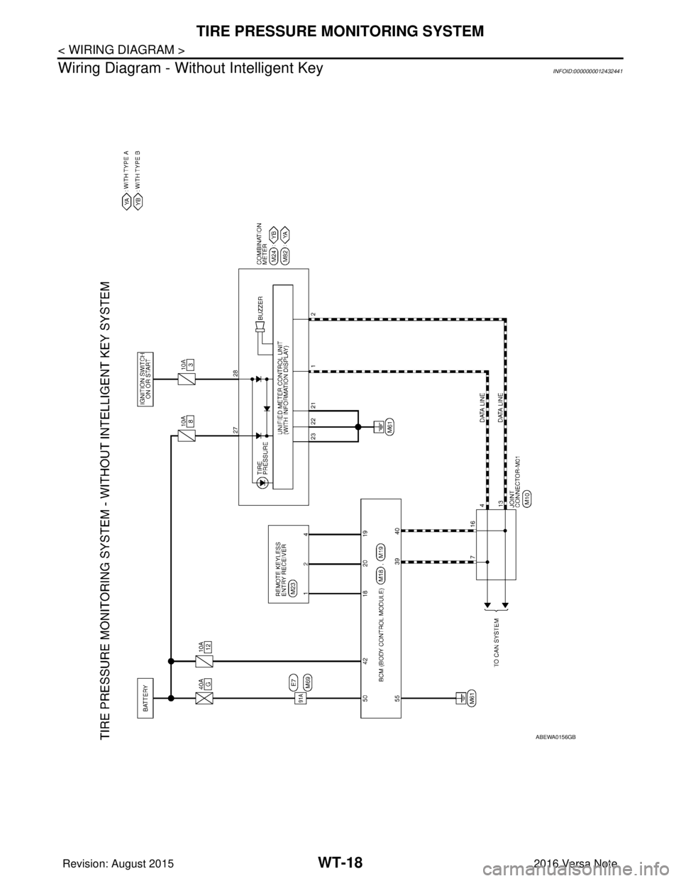 NISSAN NOTE 2016  Service Repair Manual WT-18
< WIRING DIAGRAM >
TIRE PRESSURE MONITORING SYSTEM
Wiring Diagram - With out Intelligent Key
INFOID:0000000012432441
ABEWA0156GB
Revision: August 2015 2016 Versa Note

cardiagn.com  
