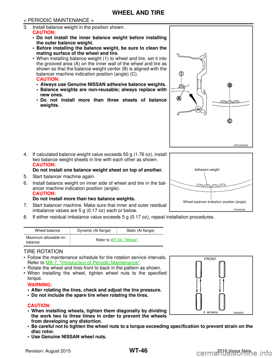 NISSAN NOTE 2016  Service Repair Manual WT-46
< PERIODIC MAINTENANCE >
WHEEL AND TIRE
3. Install balance weight in the position shown.CAUTION:
• Do not install the inner bala nce weight before installing
the outer balance weight.
• Befo