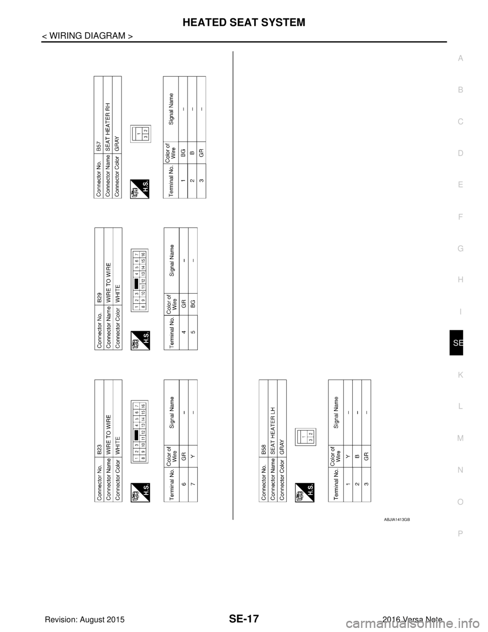 NISSAN NOTE 2016  Service Repair Manual HEATED SEAT SYSTEMSE-17
< WIRING DIAGRAM >
C
DE
F
G H
I
K L
M A
B
SE
N
O P
ABJIA1413GB
Revision: August 2015 2016 Versa Note

cardiagn.com  