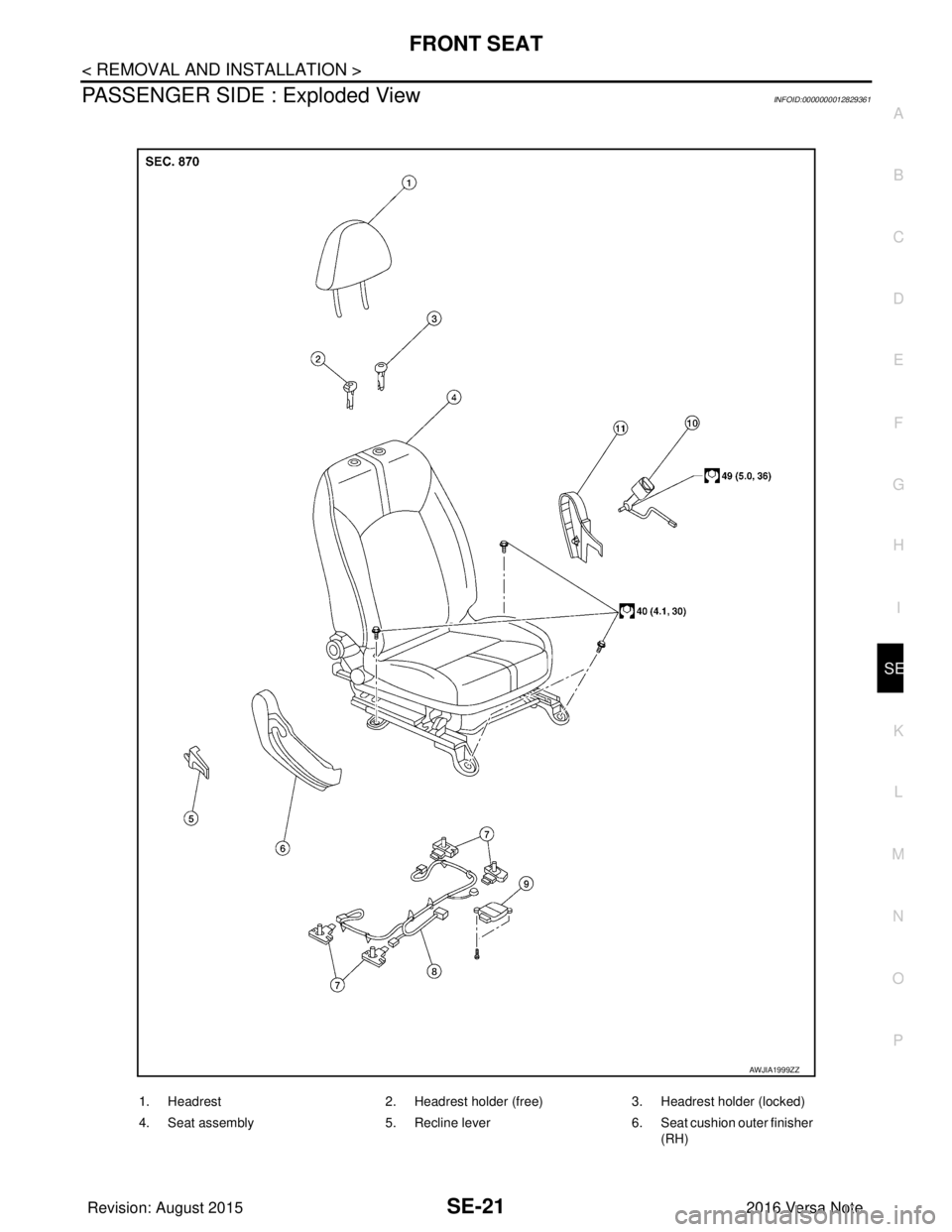NISSAN NOTE 2016  Service Repair Manual FRONT SEATSE-21
< REMOVAL AND INSTALLATION >
C
DE
F
G H
I
K L
M A
B
SE
N
O P
PASSENGER SIDE : Exploded ViewINFOID:0000000012829361
AWJIA1999ZZ
1. Headrest 2. Headrest holder (free) 3. Headrest holder 