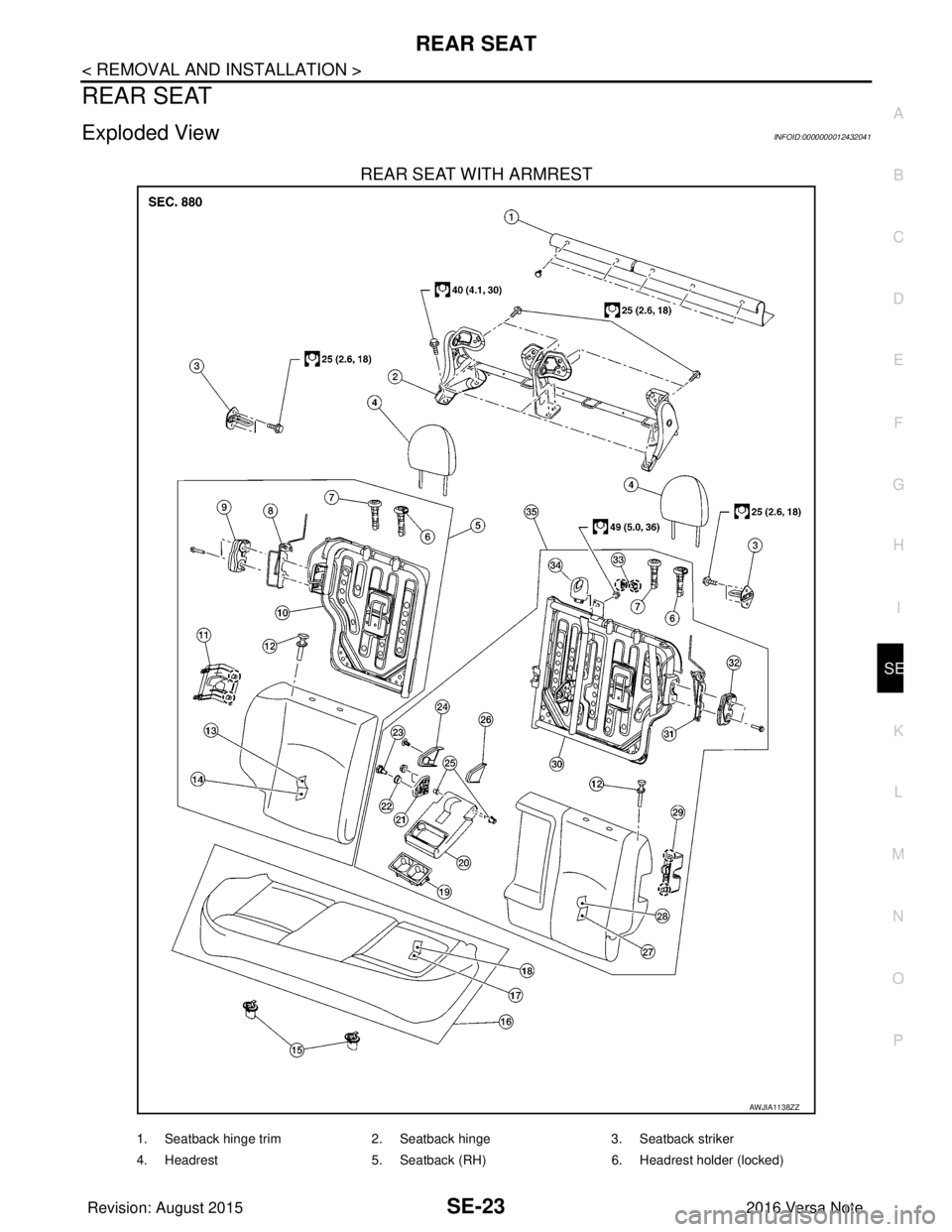 NISSAN NOTE 2016  Service Repair Manual REAR SEATSE-23
< REMOVAL AND INSTALLATION >
C
DE
F
G H
I
K L
M A
B
SE
N
O P
REAR SEAT
Exploded ViewINFOID:0000000012432041
REAR SEAT WITH ARMREST
AWJIA1138ZZ
1. Seatback hinge trim 2. Seatback hinge 3