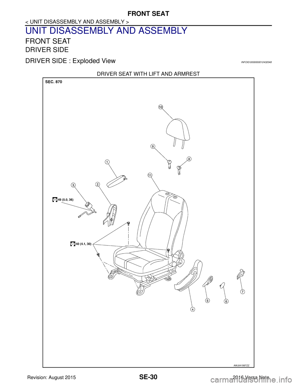 NISSAN NOTE 2016  Service Repair Manual SE-30
< UNIT DISASSEMBLY AND ASSEMBLY >
FRONT SEAT
UNIT DISASSEMBLY AND ASSEMBLY
FRONT SEAT
DRIVER SIDE
DRIVER SIDE : Exploded ViewINFOID:0000000012432048
DRIVER SEAT WITH LIFT AND ARMREST
AWJIA1997ZZ