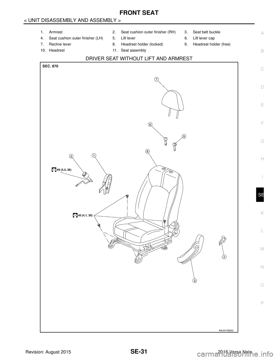NISSAN NOTE 2016  Service Repair Manual FRONT SEATSE-31
< UNIT DISASSEMBLY AND ASSEMBLY >
C
DE
F
G H
I
K L
M A
B
SE
N
O P
DRIVER SEAT WITHOUT LIFT AND ARMREST
1. Armrest 2. Seat cushion outer finisher (RH) 3. Seat belt buckle
4. Seat cushio