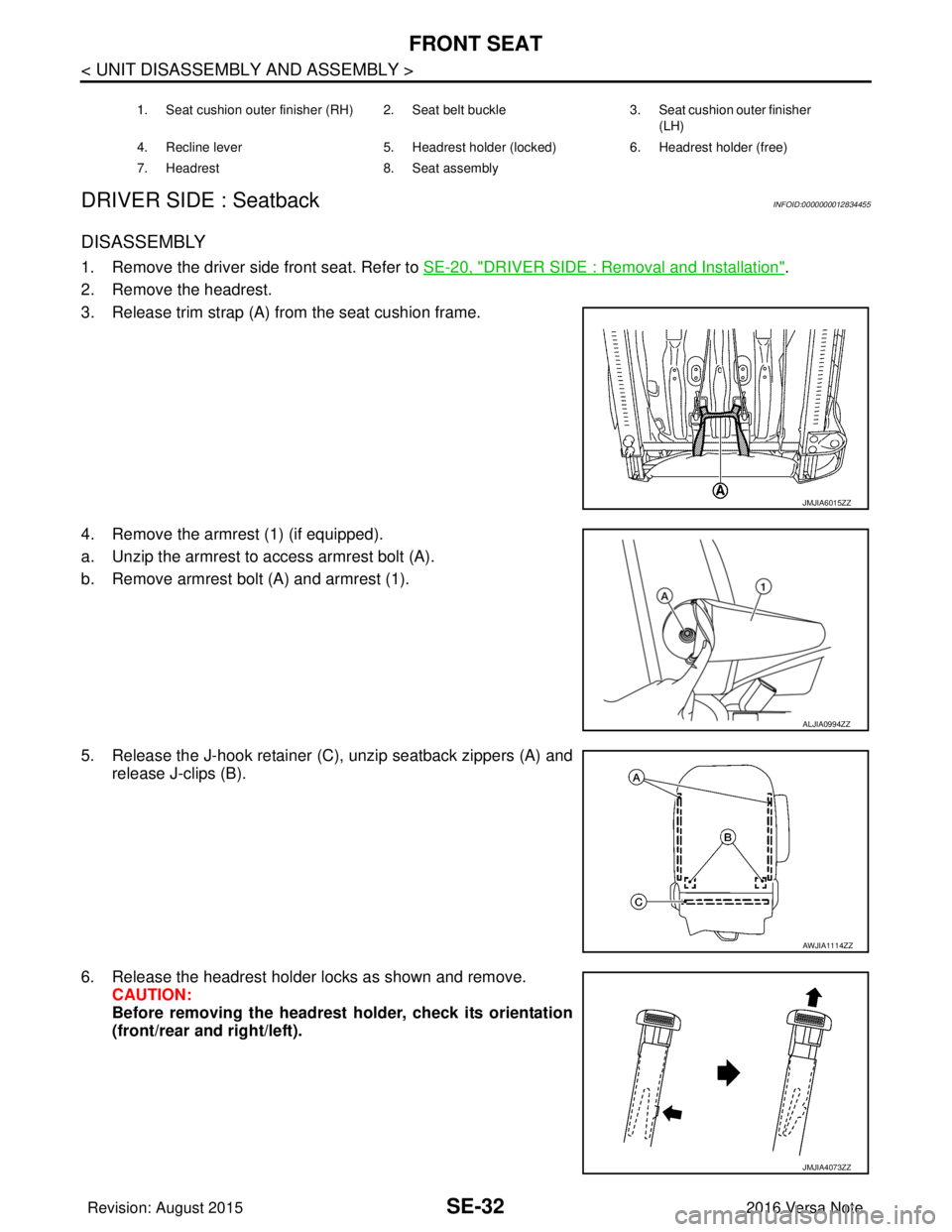 NISSAN NOTE 2016  Service Repair Manual SE-32
< UNIT DISASSEMBLY AND ASSEMBLY >
FRONT SEAT
DRIVER SIDE : Seatback
INFOID:0000000012834455
DISASSEMBLY
1. Remove the driver side front seat. Refer to  SE-20, "DRIVER SIDE : Removal and Installa