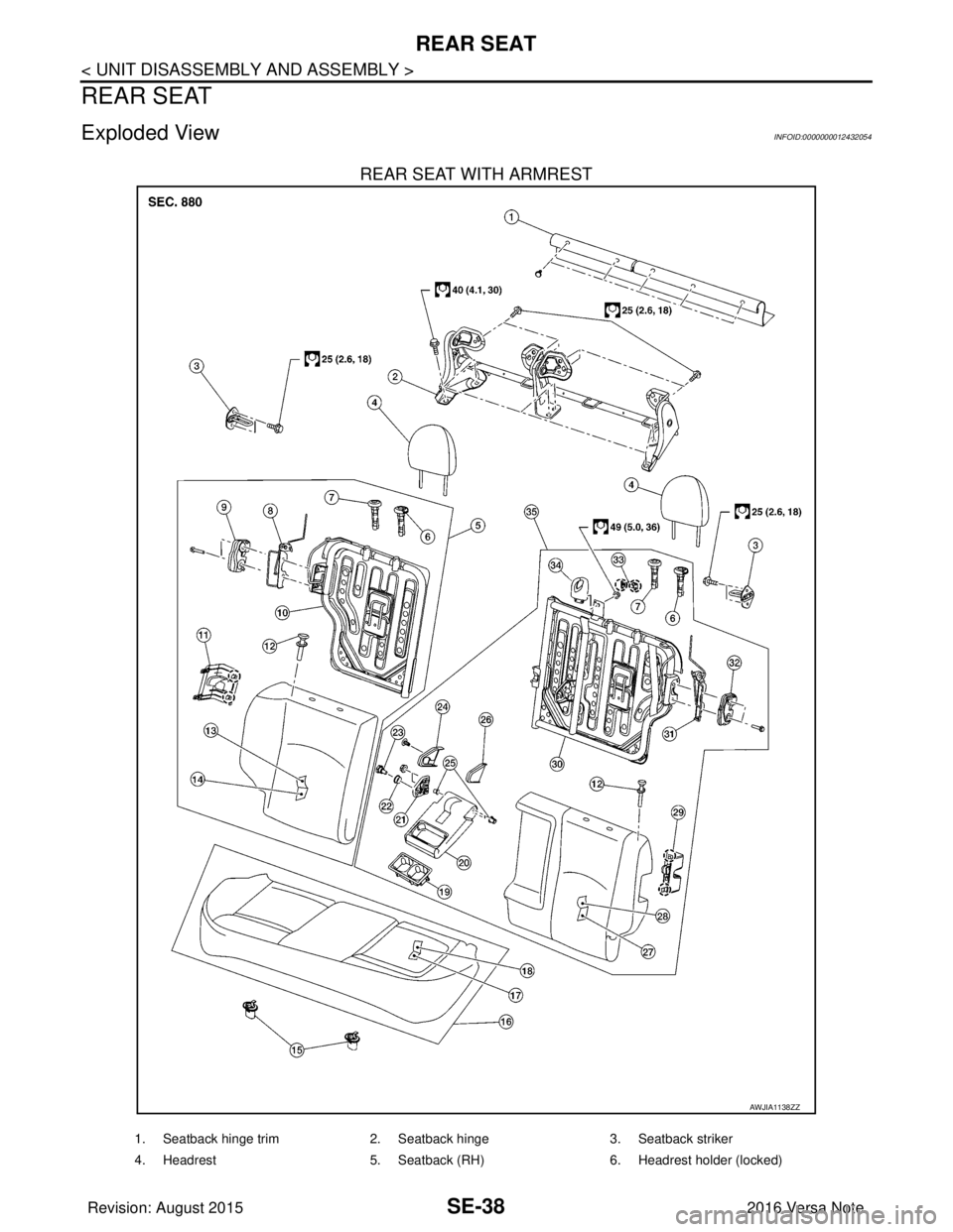 NISSAN NOTE 2016  Service Repair Manual SE-38
< UNIT DISASSEMBLY AND ASSEMBLY >
REAR SEAT
REAR SEAT
Exploded ViewINFOID:0000000012432054
REAR SEAT WITH ARMREST
AWJIA1138ZZ
1. Seatback hinge trim2. Seatback hinge 3. Seatback striker
4. Headr