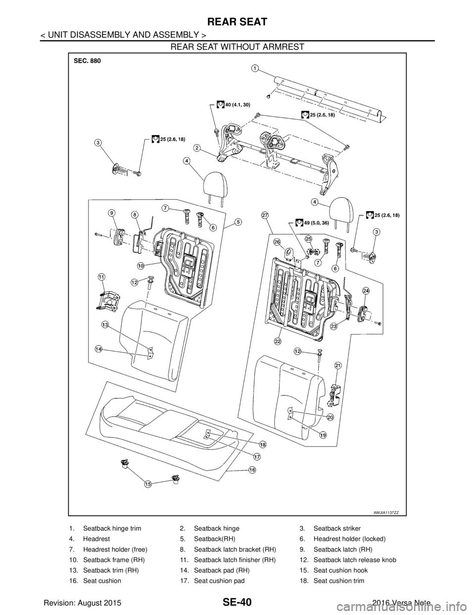 NISSAN NOTE 2016  Service Repair Manual SE-40
< UNIT DISASSEMBLY AND ASSEMBLY >
REAR SEAT
REAR SEAT WITHOUT ARMREST
AWJIA1137ZZ
1. Seatback hinge trim2. Seatback hinge 3. Seatback striker
4. Headrest 5. Seatback(RH) 6. Headrest holder (lock