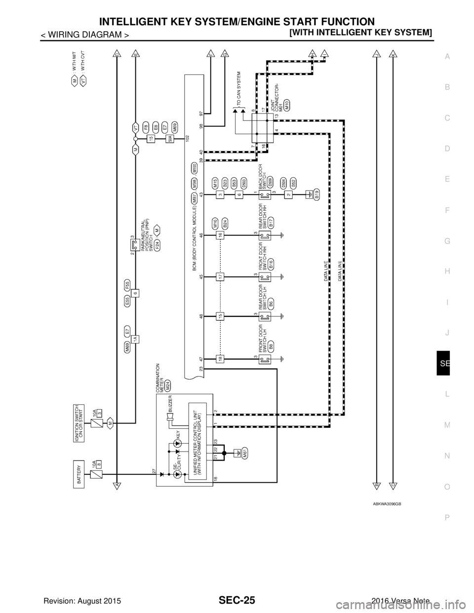 NISSAN NOTE 2016  Service Repair Manual INTELLIGENT KEY SYSTEM/ENGINE START FUNCTIONSEC-25
< WIRING DIAGRAM > [WITH INTELLIGENT KEY SYSTEM]
C
D
E
F
G H
I
J
L
M A
B
SEC
N
O P
ABKWA3096GB
Revision: August 2015 2016 Versa Note

cardiagn.com  