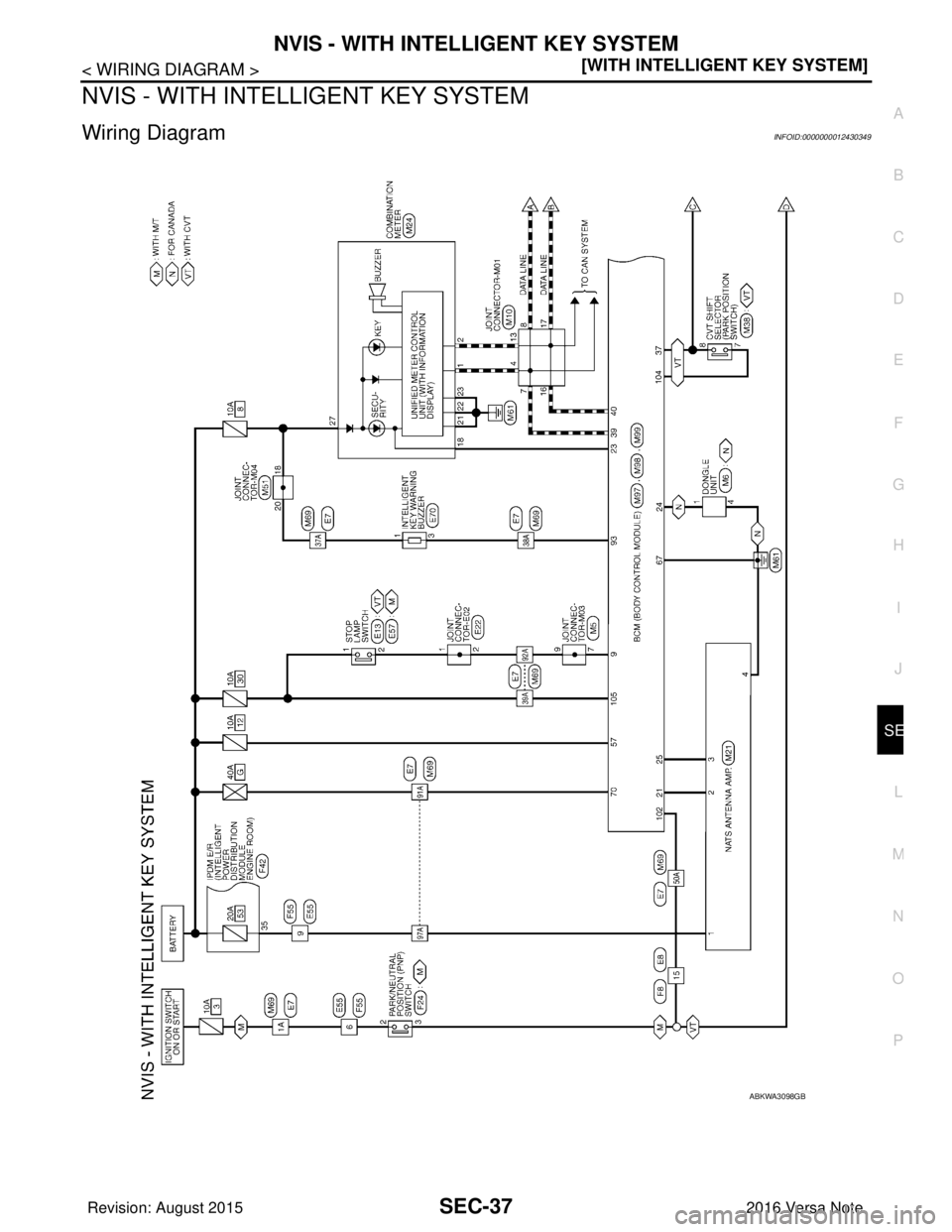 NISSAN NOTE 2016  Service Repair Manual NVIS - WITH INTELLIGENT KEY SYSTEMSEC-37
< WIRING DIAGRAM > [WITH INTELLIGENT KEY SYSTEM]
C
D
E
F
G H
I
J
L
M A
B
SEC
N
O P
NVIS - WITH INTELLIGENT KEY SYSTEM
Wiring DiagramINFOID:0000000012430349
ABK