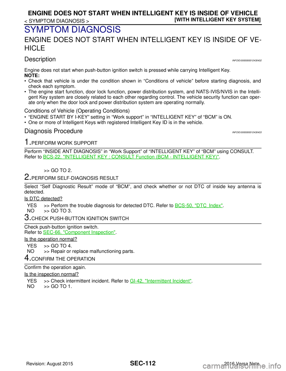 NISSAN NOTE 2016  Service Repair Manual SEC-112
< SYMPTOM DIAGNOSIS >[WITH INTELLIGENT KEY SYSTEM]
ENGINE DOES NOT START WHEN INTELLI
GENT KEY IS INSIDE OF VEHICLE
SYMPTOM DIAGNOSIS
ENGINE DOES NOT START WHEN INTELLIGENT KEY IS INSIDE OF VE