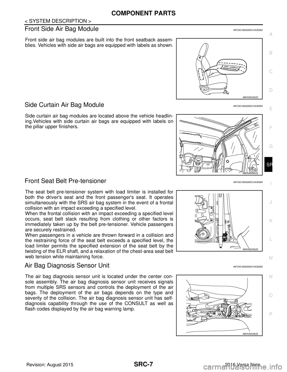 NISSAN NOTE 2016  Service Repair Manual COMPONENT PARTSSRC-7
< SYSTEM DESCRIPTION >
C
DE
F
G
I
J
K L
M A
B
SRC
N
O P
Front Side Air Bag ModuleINFOID:0000000012430592
Front side air bag modules are built into the front seatback assem-
blies.