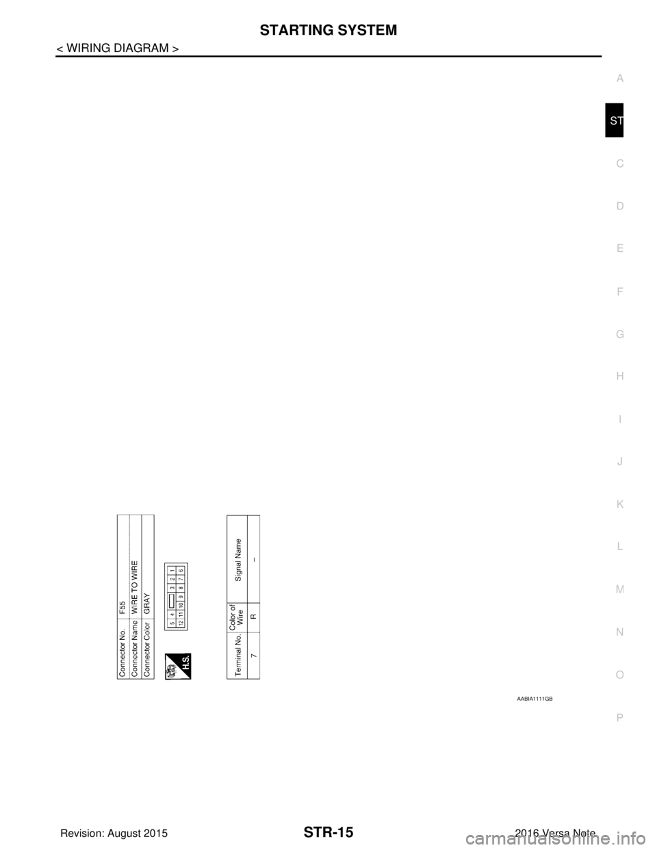 NISSAN NOTE 2016  Service Repair Manual STARTING SYSTEMSTR-15
< WIRING DIAGRAM >
C
DE
F
G H
I
J
K L
M A
STR
NP
O
AABIA1111GB
Revision: August 2015
2016 Versa Note

cardiagn.com  