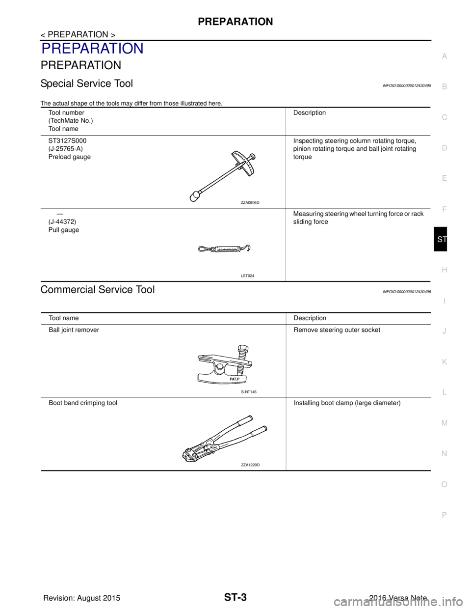 NISSAN NOTE 2016  Service Repair Manual PREPARATIONST-3
< PREPARATION >
C
DE
F
H I
J
K L
M A
B
ST
N
O P
PREPARATION
PREPARATION
Special Service ToolINFOID:0000000012430495
The actual shape of the tools may di ffer from those illustrated her
