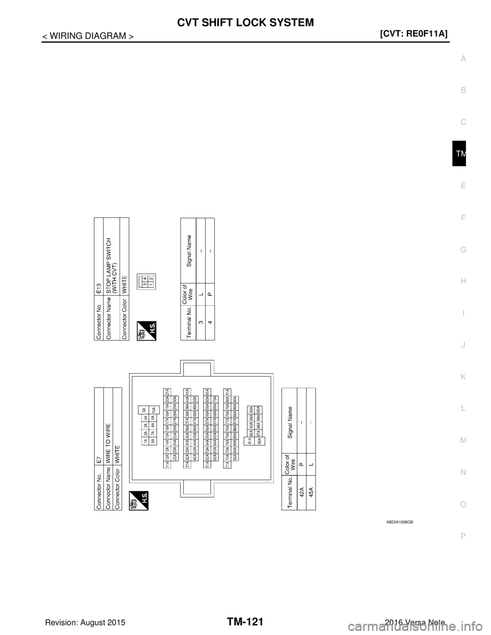 NISSAN NOTE 2016  Service Repair Manual CVT SHIFT LOCK SYSTEMTM-121
< WIRING DIAGRAM > [CVT: RE0F11A]
C
EF
G H
I
J
K L
M A
B
TM
N
O P
ABDIA1068GB
Revision: August 2015 2016 Versa Note

cardiagn.com  