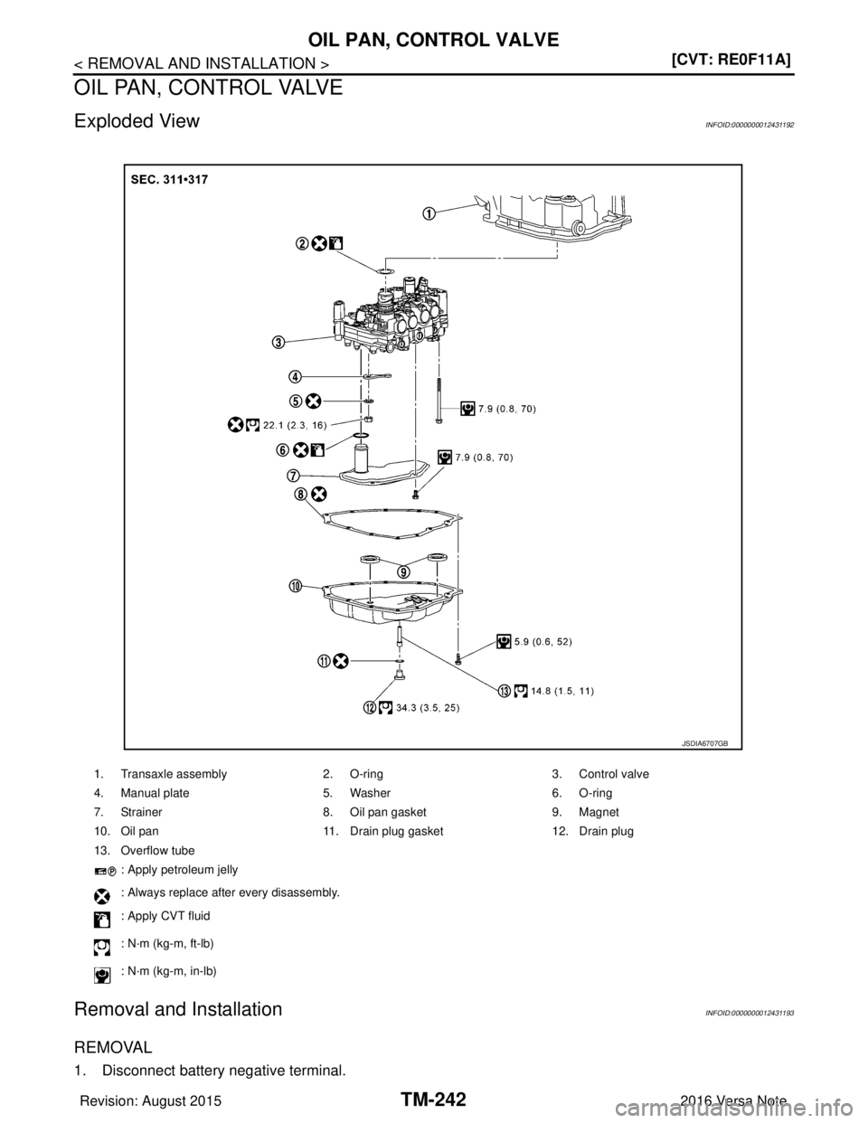 NISSAN NOTE 2016  Service Repair Manual TM-242
< REMOVAL AND INSTALLATION >[CVT: RE0F11A]
OIL PAN, CONTROL VALVE
OIL PAN, CONTROL VALVE
Exploded ViewINFOID:0000000012431192
Removal and InstallationINFOID:0000000012431193
REMOVAL
1. Disconne