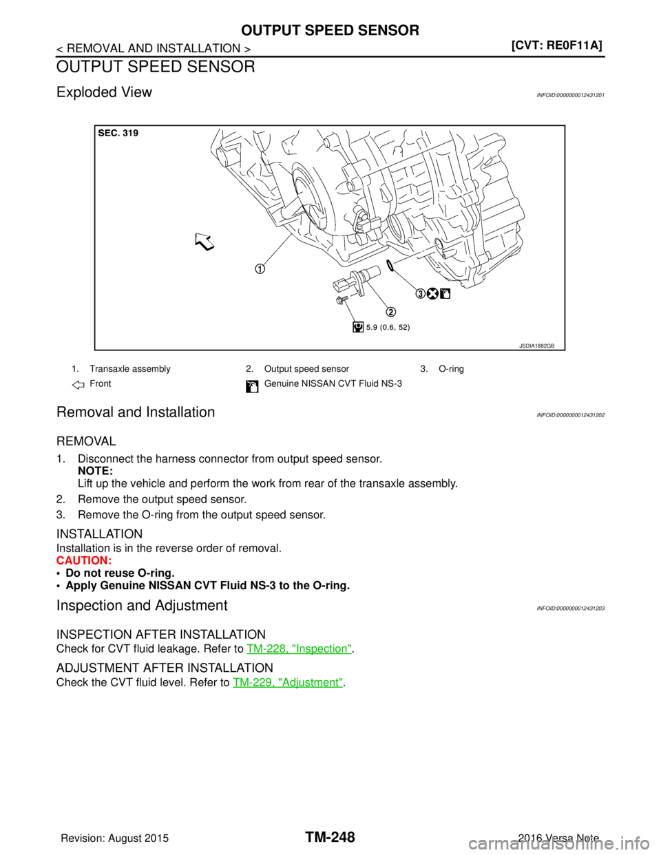 NISSAN NOTE 2016  Service Repair Manual TM-248
< REMOVAL AND INSTALLATION >[CVT: RE0F11A]
OUTPUT SPEED SENSOR
OUTPUT SPEED SENSOR
Exploded ViewINFOID:0000000012431201
Removal and InstallationINFOID:0000000012431202
REMOVAL
1. Disconnect the