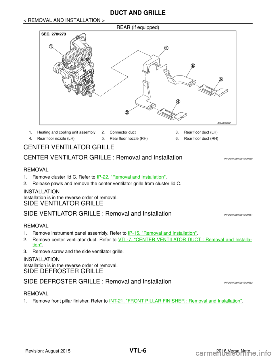 NISSAN NOTE 2016  Service Repair Manual VTL-6
< REMOVAL AND INSTALLATION >
DUCT AND GRILLE
REAR (if equipped)
CENTER VENTILAT O R  G R I L L E
CENTER VENTILATOR GRILLE : Removal and InstallationINFOID:0000000012430550
REMOVAL
1. Remove clus