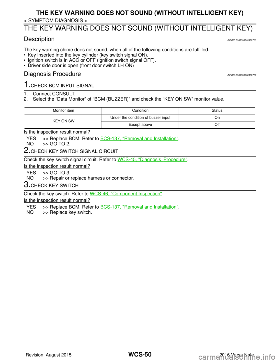 NISSAN NOTE 2016 Service Repair Manual WCS-50
< SYMPTOM DIAGNOSIS >
THE KEY WARNING DOES NOT SOUND (WITHOUT INTELLIGENT KEY)
THE KEY WARNING DOES NOT SOUN D (WITHOUT INTELLIGENT KEY)
DescriptionINFOID:0000000012432716
The key warning chime NISSAN NOTE 2016 Service Repair Manual WCS-50
< SYMPTOM DIAGNOSIS >
THE KEY WARNING DOES NOT SOUND (WITHOUT INTELLIGENT KEY)
THE KEY WARNING DOES NOT SOUN D (WITHOUT INTELLIGENT KEY)
DescriptionINFOID:0000000012432716
The key warning chime