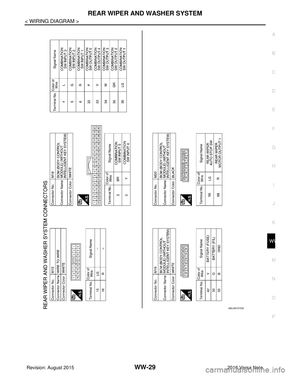 NISSAN NOTE 2016  Service Repair Manual REAR WIPER AND WASHER SYSTEMWW-29
< WIRING DIAGRAM >
C
DE
F
G H
I
J
K
M A
B
WW
N
O P
ABLIA8107GB
Revision: August 2015 2016 Versa Note

cardiagn.com  