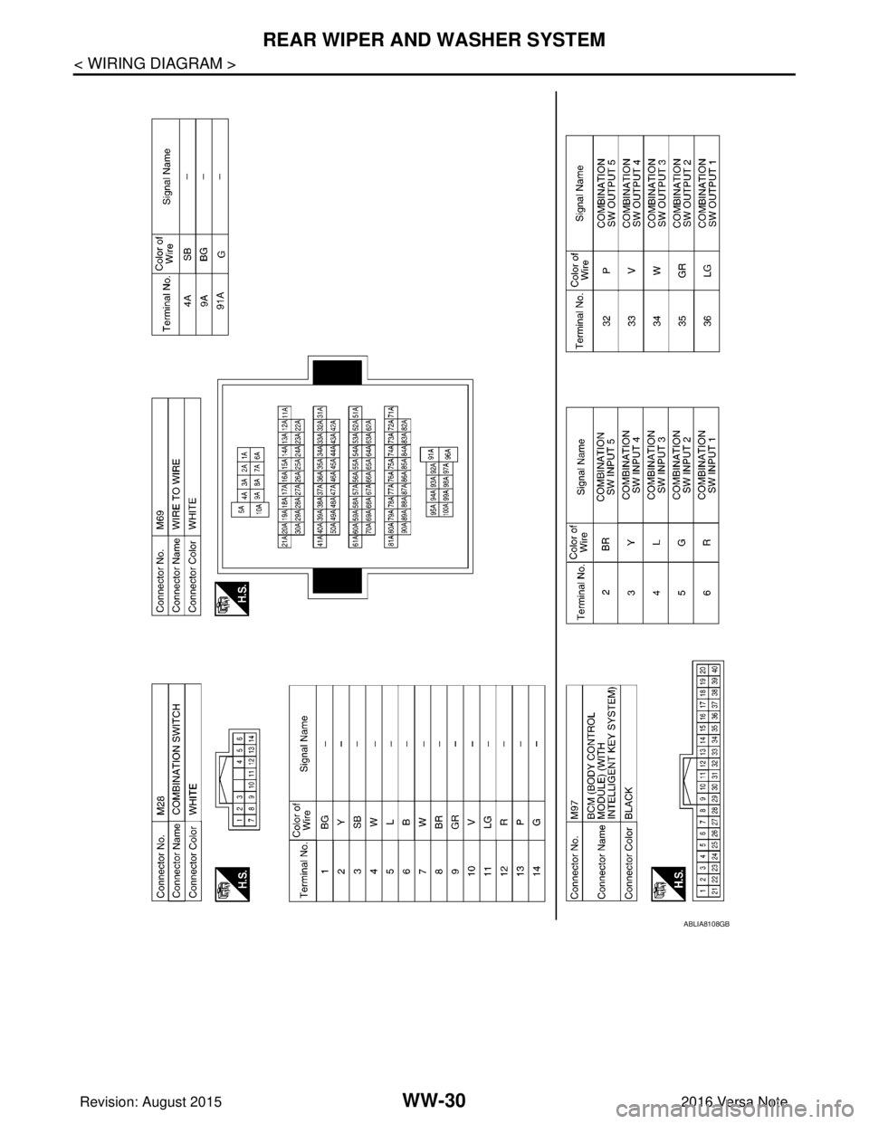 NISSAN NOTE 2016  Service Repair Manual WW-30
< WIRING DIAGRAM >
REAR WIPER AND WASHER SYSTEM
ABLIA8108GB
Revision: August 20152016 Versa Note

cardiagn.com  