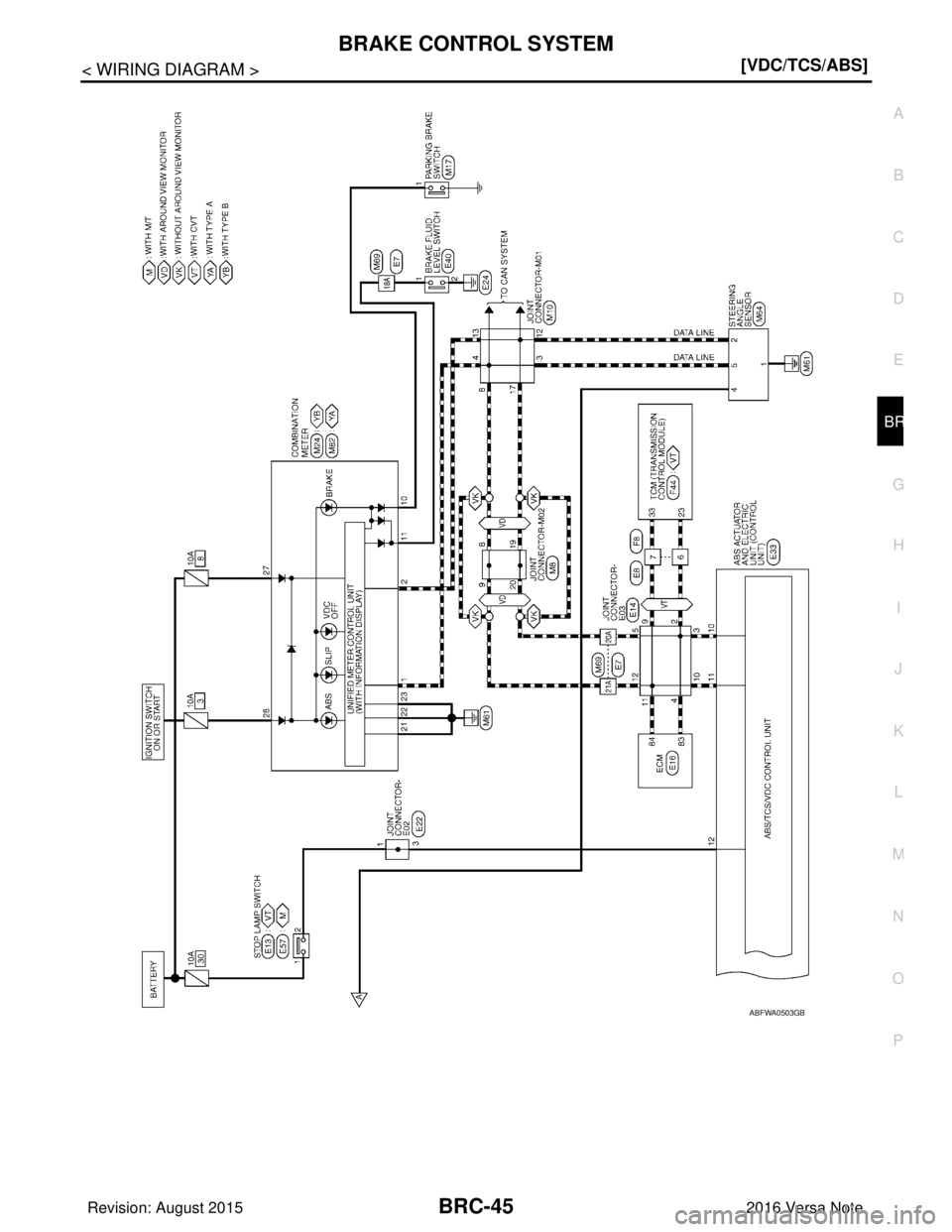 NISSAN NOTE 2016  Service Repair Manual BRAKE CONTROL SYSTEMBRC-45
< WIRING DIAGRAM > [VDC/TCS/ABS]
C
D
E
G H
I
J
K L
M A
B
BRC
N
O P
ABFWA0503GB
Revision: August 2015 2016 Versa Note

cardiagn.com  