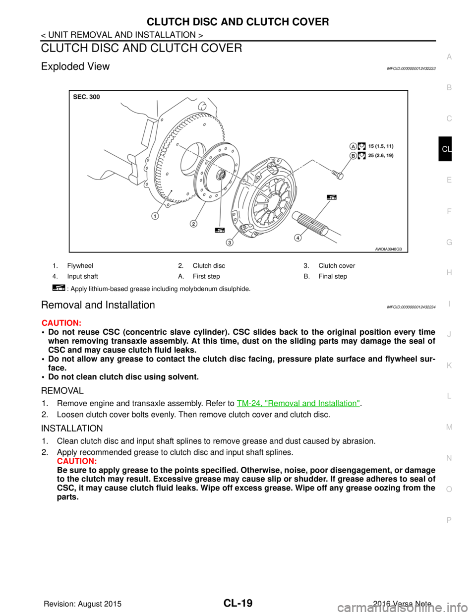 NISSAN NOTE 2016  Service Repair Manual CLUTCH DISC AND CLUTCH COVERCL-19
< UNIT REMOVAL AND INSTALLATION >
CEF
G H
I
J
K L
M A
B
CL
N
O P
CLUTCH DISC AND CLUTCH COVER
Exploded ViewINFOID:0000000012432233
Removal and InstallationINFOID:0000