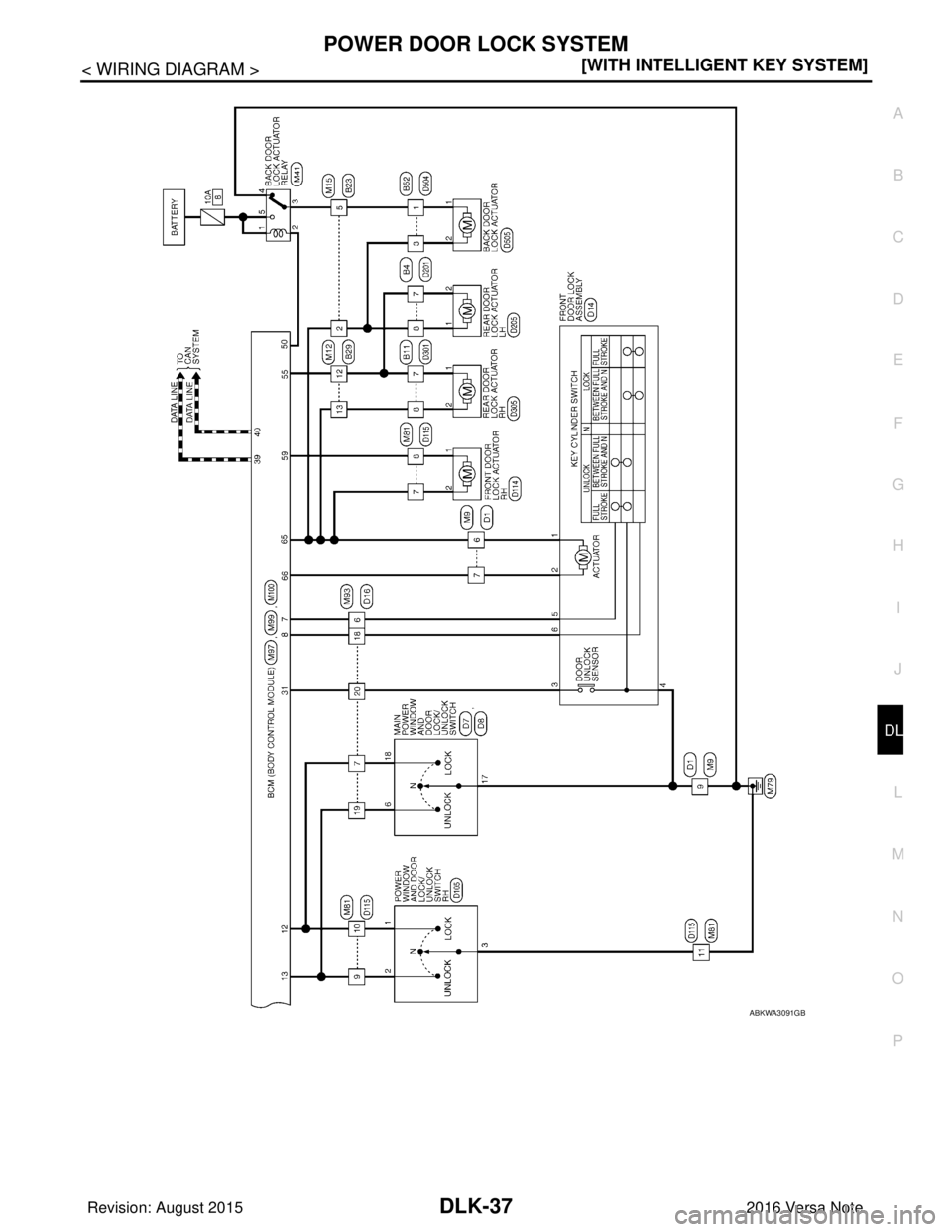 NISSAN NOTE 2016  Service Repair Manual POWER DOOR LOCK SYSTEMDLK-37
< WIRING DIAGRAM > [WITH INTELLIGENT KEY SYSTEM]
C
D
E
F
G H
I
J
L
M A
B
DLK
N
O P
ABKWA3091GB
Revision: August 2015 2016 Versa Note

cardiagn.com  