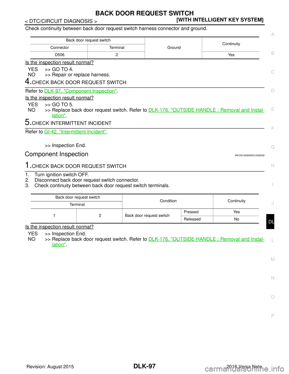 NISSAN NOTE 2016  Service Repair Manual BACK DOOR REQUEST SWITCHDLK-97
< DTC/CIRCUIT DIAGNOSIS > [WITH INTELLIGENT KEY SYSTEM]
C
D
E
F
G H
I
J
L
M A
B
DLK
N
O P
Check continuity between back door request switch harness connector and ground.
