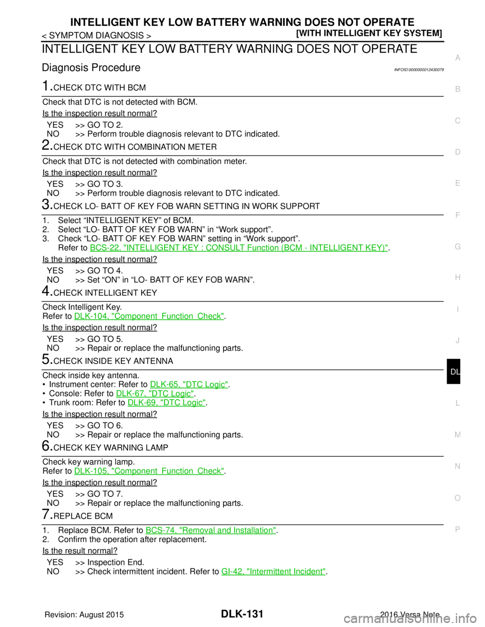NISSAN NOTE 2016  Service Repair Manual INTELLIGENT KEY LOW BATTERY WARNING DOES NOT OPERATE
DLK-131
< SYMPTOM DIAGNOSIS > [WITH INTELLIGENT KEY SYSTEM]
C
D
E
F
G H
I
J
L
M A
B
DLK
N
O P
INTELLIGENT KEY LOW BATTERY  WARNING DOES NOT OPERATE